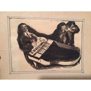 Vtg March 16, 1946 Jazz Pen & Ink Piano Player Bass Player Sketch By HUBBARD Art